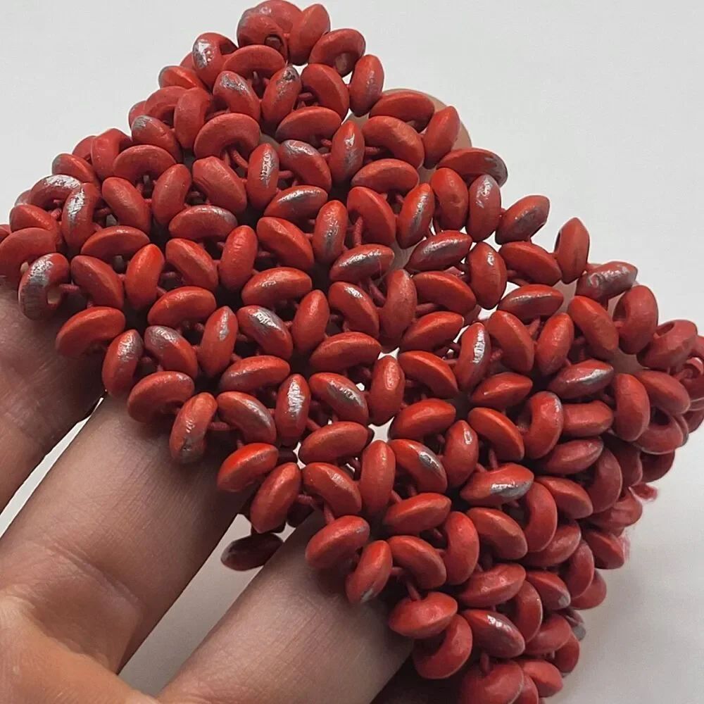 Tropical Wooden-Beaded Stretch Bracelet Red Silver Woven 7in